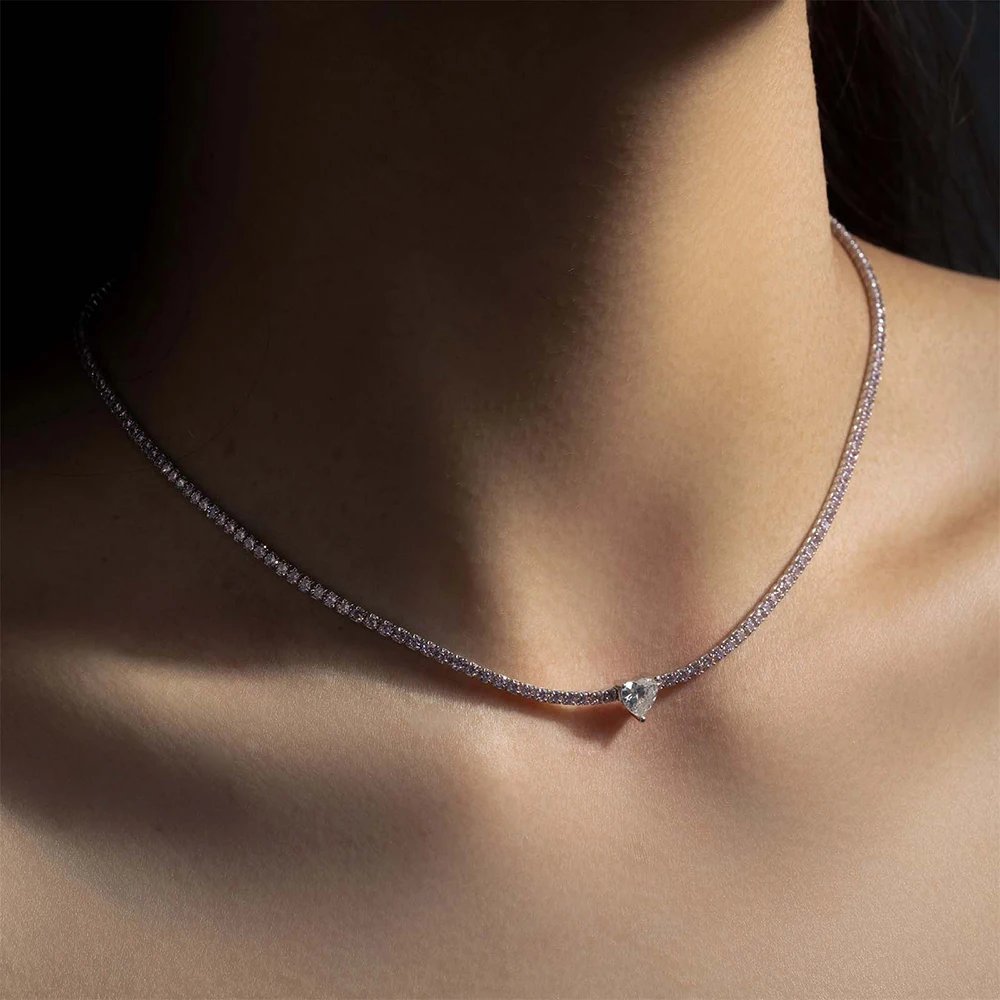 2mm Full Moissanite Diamond Tennis Necklace With Heart Cut Diamond Riviera Necklace S925 Silver Adjustable Choker for Women