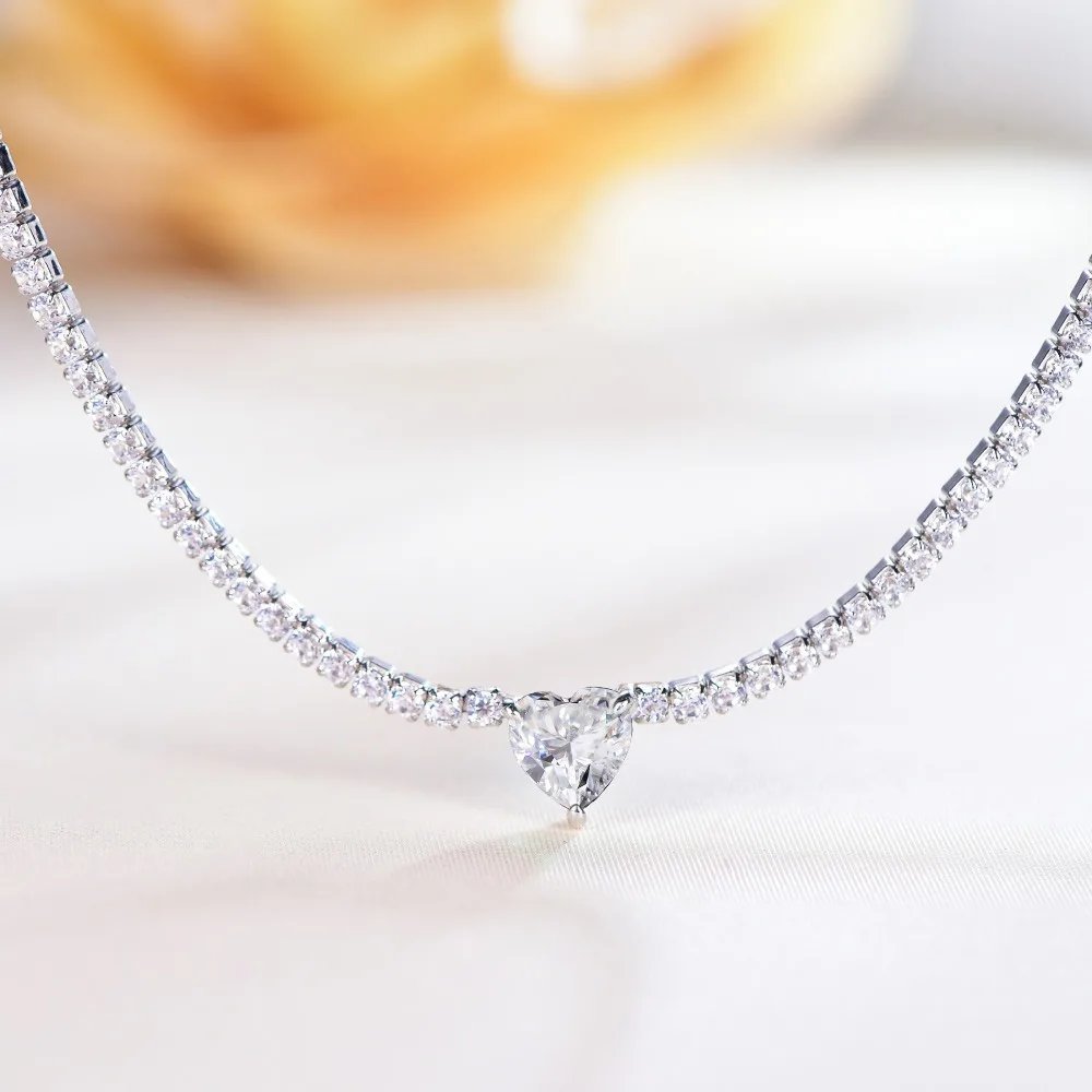 2mm Full Moissanite Diamond Tennis Necklace With Heart Cut Diamond Riviera Necklace S925 Silver Adjustable Choker for Women