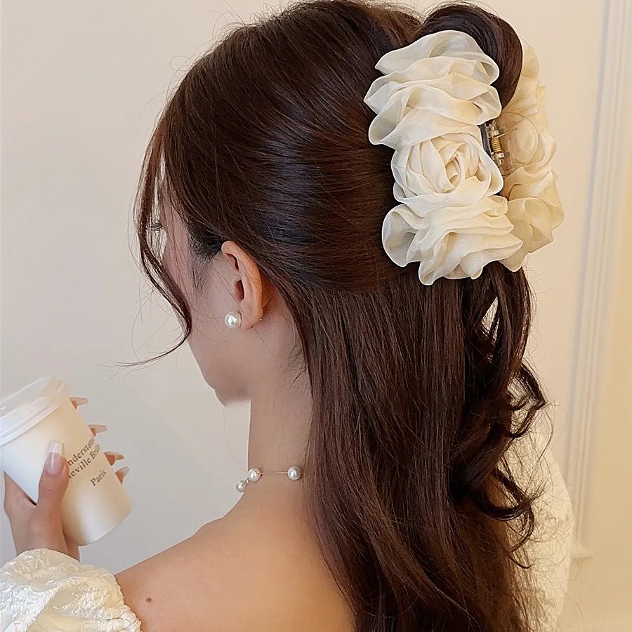 VANIKA New Summer Sweet Tulle Big Bow Hair Claw Clips for Women Solid colours Elegant floral Ponytail Clip Headdress Accessories