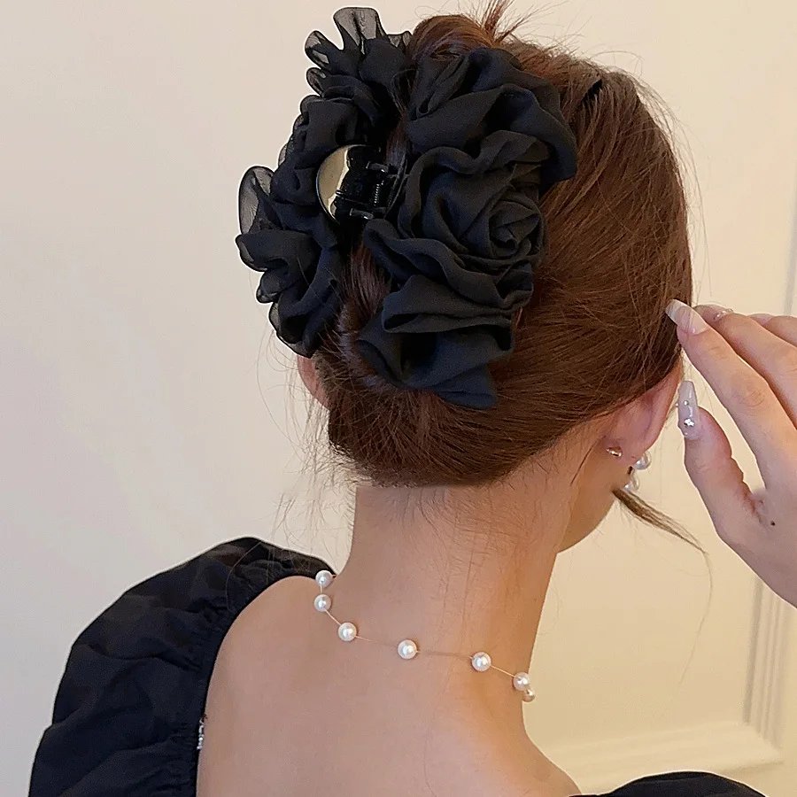 VANIKA New Summer Sweet Tulle Big Bow Hair Claw Clips for Women Solid colours Elegant floral Ponytail Clip Headdress Accessories