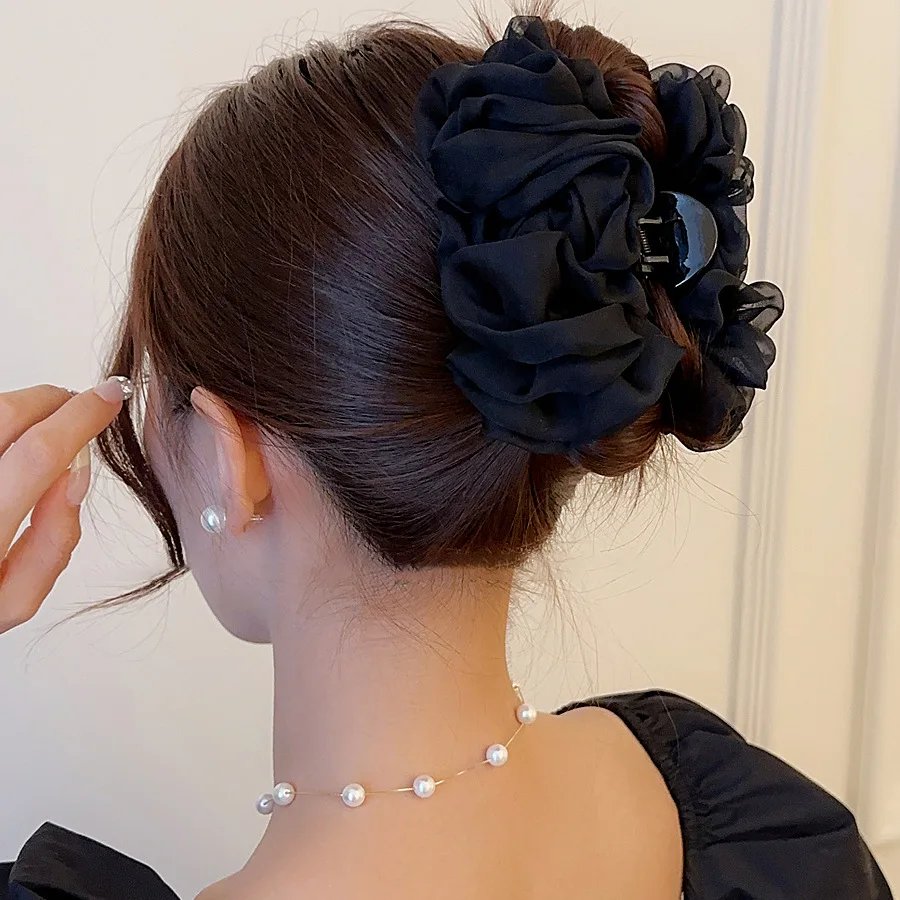 VANIKA New Summer Sweet Tulle Big Bow Hair Claw Clips for Women Solid colours Elegant floral Ponytail Clip Headdress Accessories