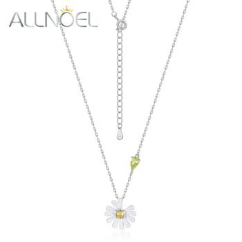 ALLNOEL 925 Sterling Silver Pendant Necklace for Women Yellow CZ Zircon Daisy Flower Enamel Summer Trendy Jewelry Handmade Gifts