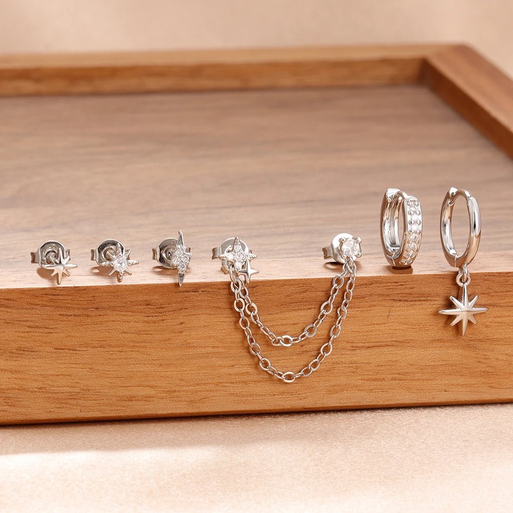 6PCS Fashion Cute Zircon Flower Ear Stud For Women Fashion 18K Gold Plated Star Ear Stud Earring Piercing Girl Set Jewelry Gift