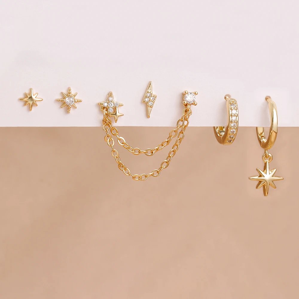 6PCS Fashion Cute Zircon Flower Ear Stud For Women Fashion 18K Gold Plated Star Ear Stud Earring Piercing Girl Set Jewelry Gift