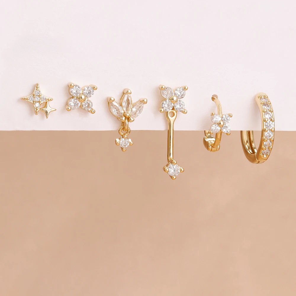 6PCS Fashion Cute Zircon Flower Ear Stud For Women Fashion 18K Gold Plated Star Ear Stud Earring Piercing Girl Set Jewelry Gift
