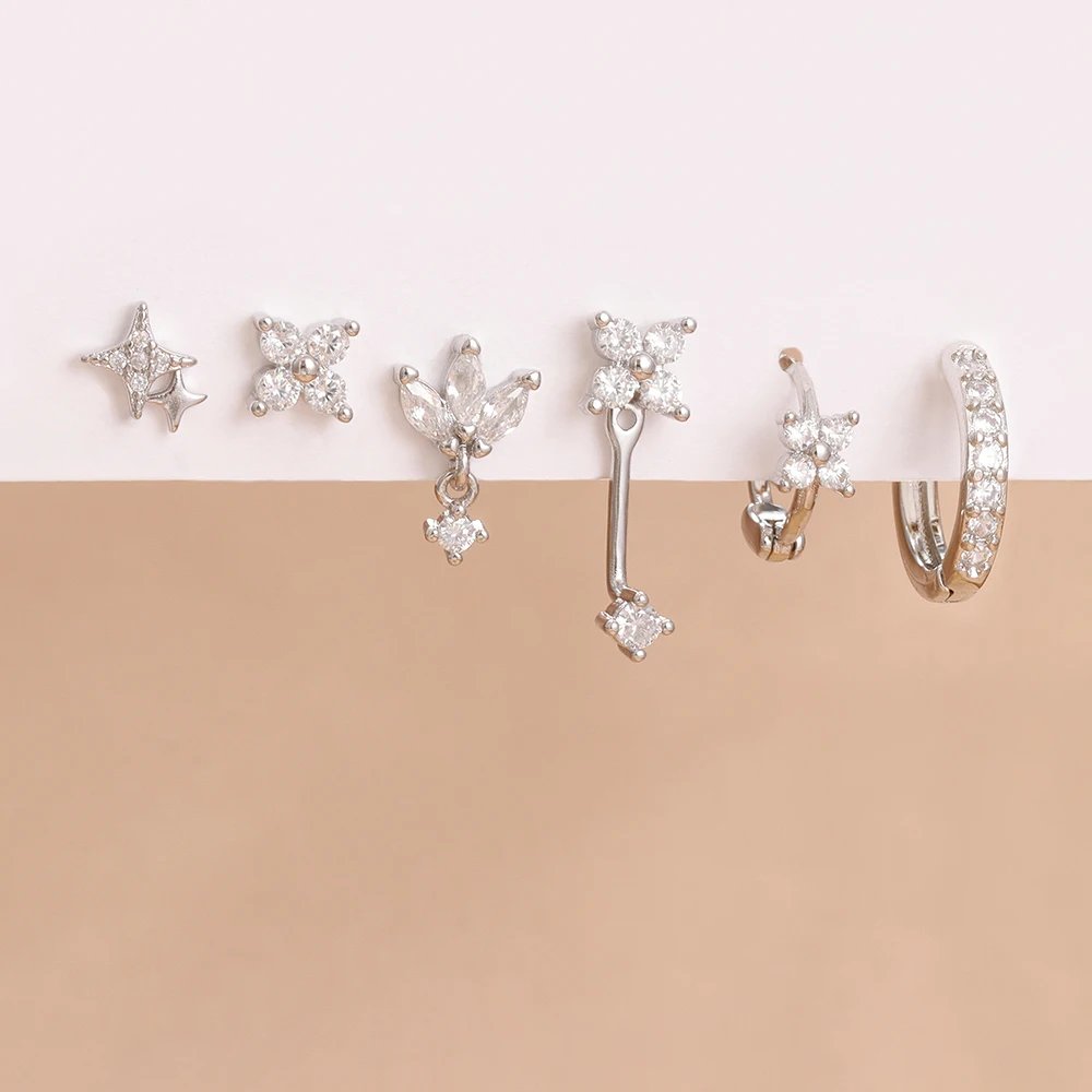 6PCS Fashion Cute Zircon Flower Ear Stud For Women Fashion 18K Gold Plated Star Ear Stud Earring Piercing Girl Set Jewelry Gift