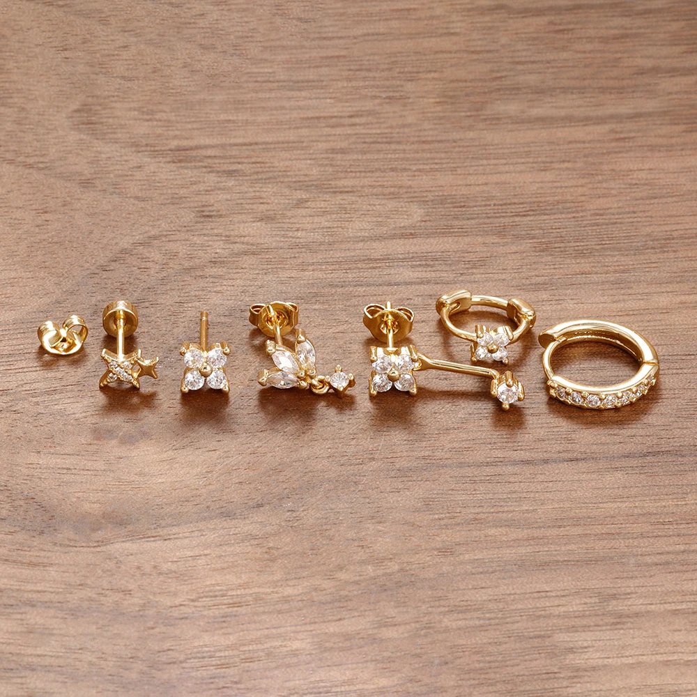 6PCS Fashion Cute Zircon Flower Ear Stud For Women Fashion 18K Gold Plated Star Ear Stud Earring Piercing Girl Set Jewelry Gift