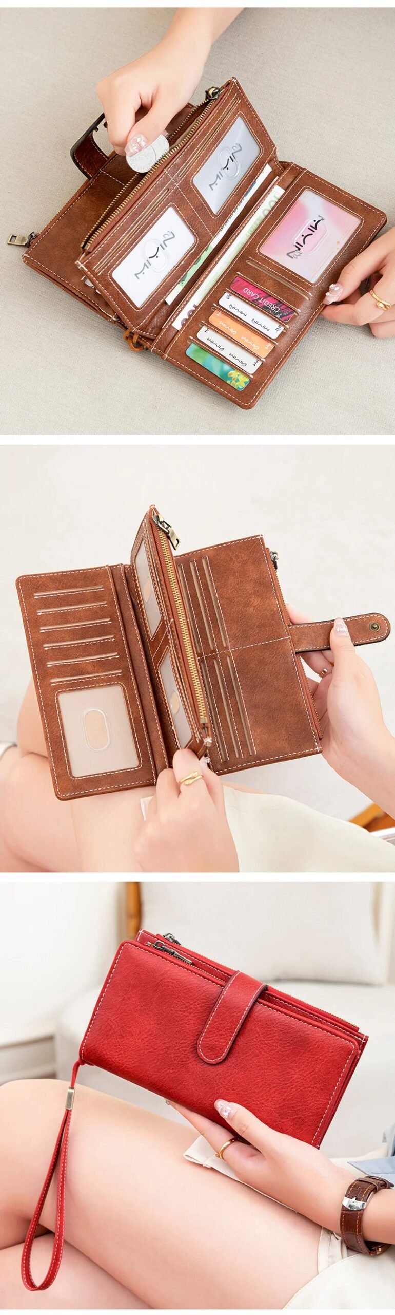 MIYIN Fashion Vintage Women Wallet RFIDShieldingDouble Zipper Long Wallet Trifold Credit CardHolder Women Clutch Wristlet Wallet