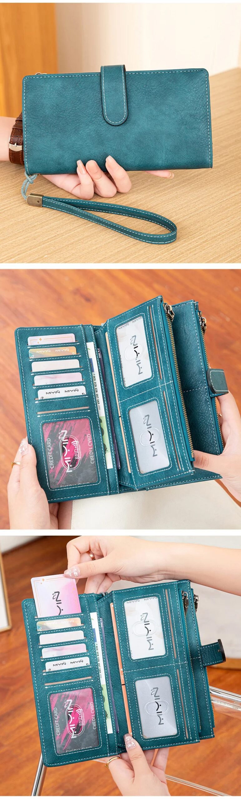 MIYIN Fashion Vintage Women Wallet RFIDShieldingDouble Zipper Long Wallet Trifold Credit CardHolder Women Clutch Wristlet Wallet