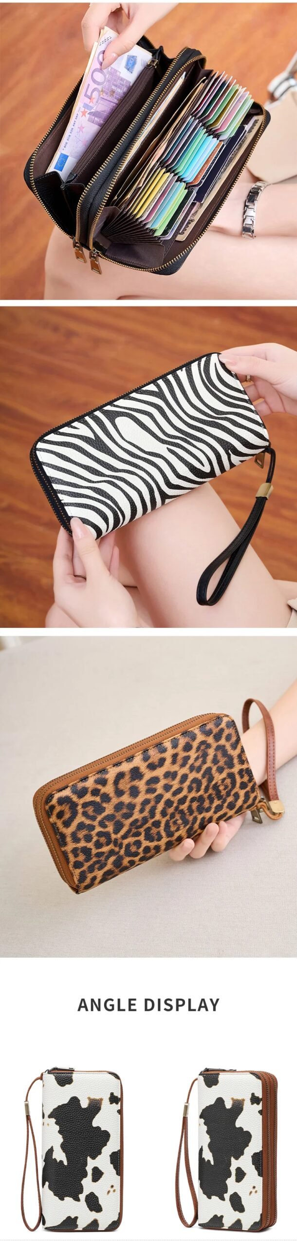 MIYIN Women's Double Zipper Long Wallet RFID Blocking Premium Leather Large Capacity Vintage Clutch Multi-Function Wristlet Bag