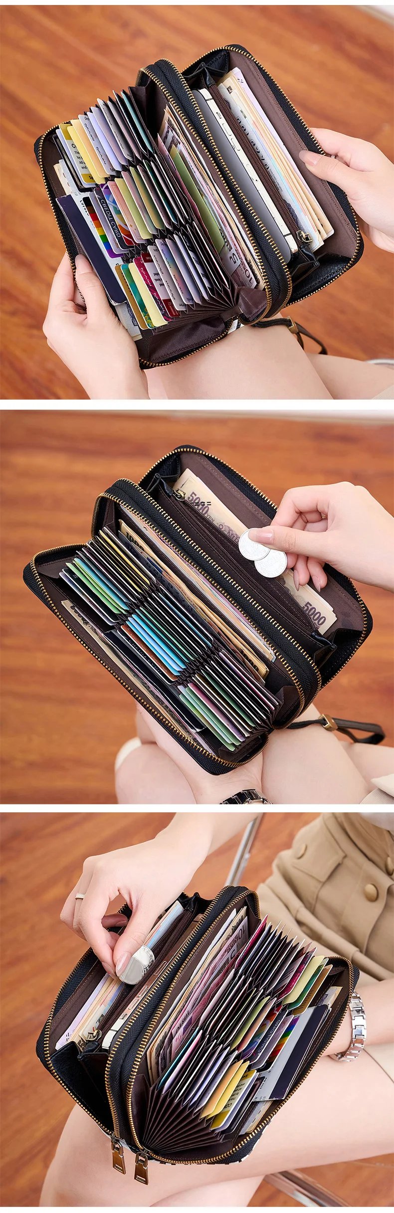 MIYIN Women's Double Zipper Long Wallet RFID Blocking Premium Leather Large Capacity Vintage Clutch Multi-Function Wristlet Bag