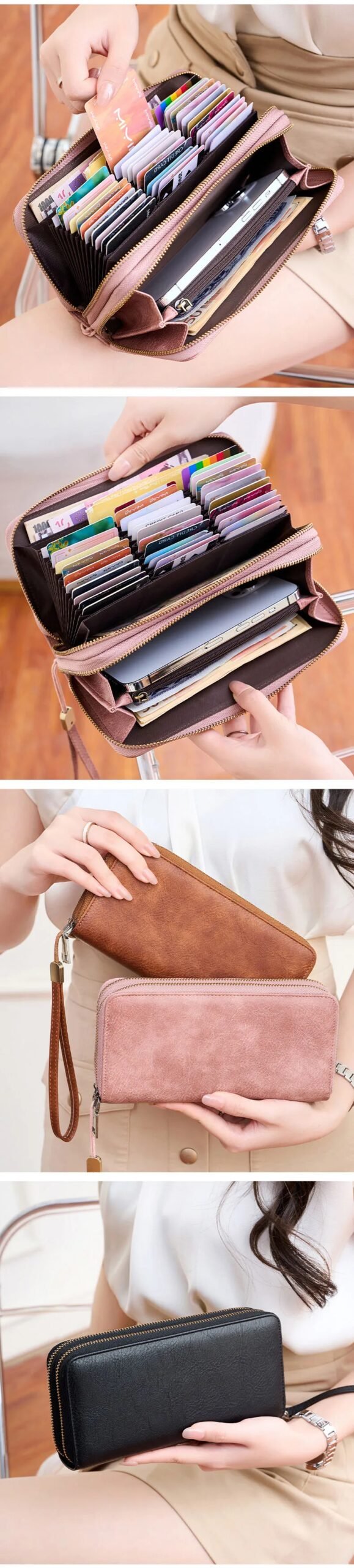 MIYIN Women's Double Zipper Long Wallet RFID Blocking Premium Leather Large Capacity Vintage Clutch Multi-Function Wristlet Bag