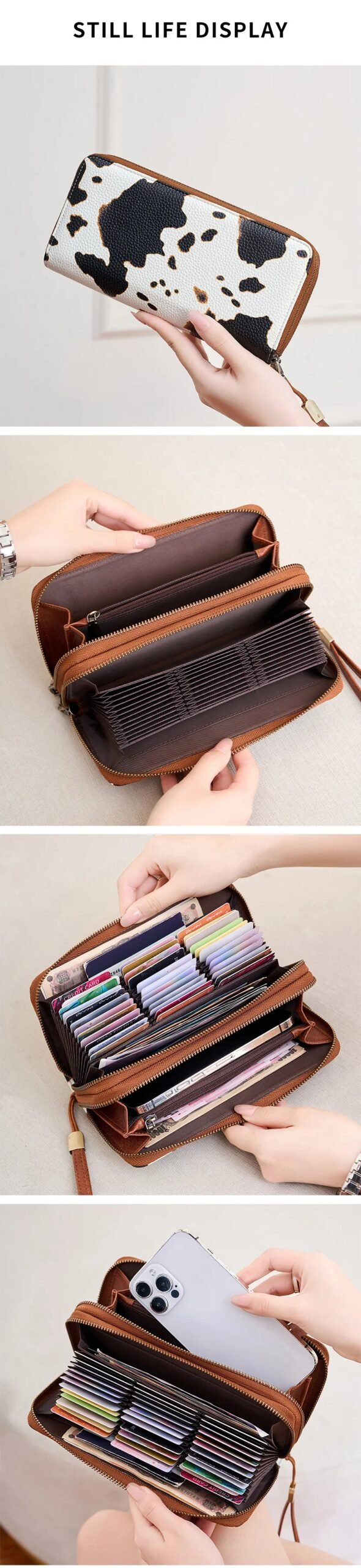 MIYIN Women's Double Zipper Long Wallet RFID Blocking Premium Leather Large Capacity Vintage Clutch Multi-Function Wristlet Bag