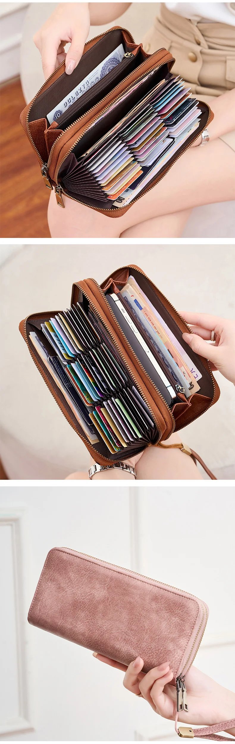 MIYIN Women's Double Zipper Long Wallet RFID Blocking Premium Leather Large Capacity Vintage Clutch Multi-Function Wristlet Bag