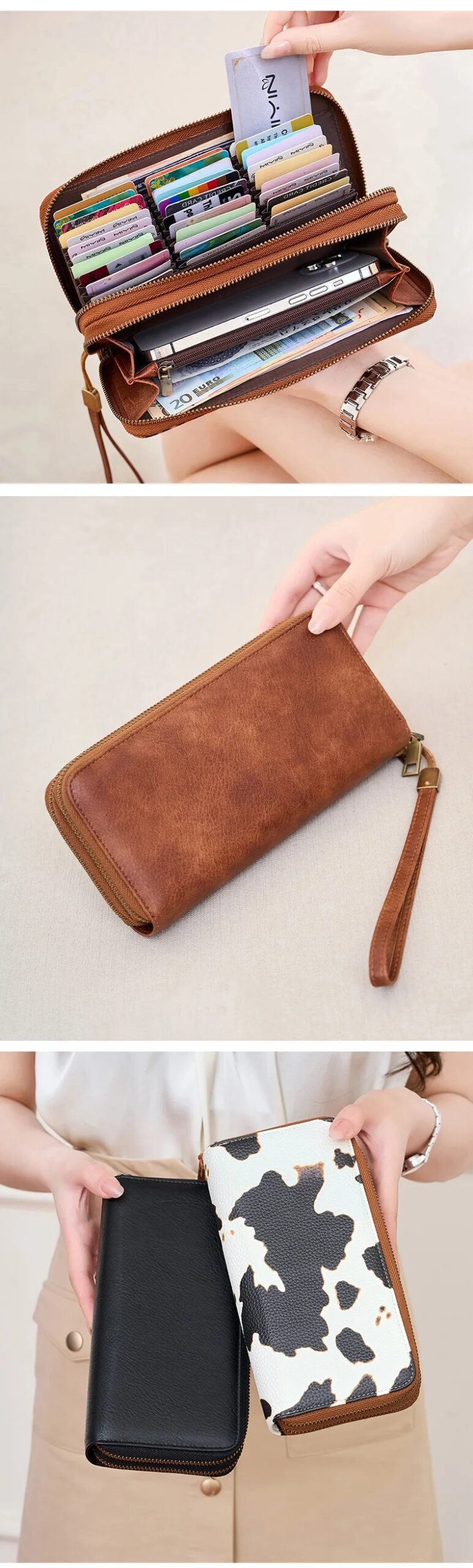 MIYIN Women's Double Zipper Long Wallet RFID Blocking Premium Leather Large Capacity Vintage Clutch Multi-Function Wristlet Bag