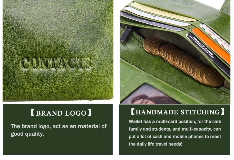 Contact's New Genuine Leather Wallet Fashion Coin Purse For Ladies Women Long Clutch Wallets With Cell Phone Bag Card Holder Men