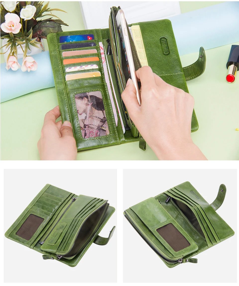 Contact's New Genuine Leather Wallet Fashion Coin Purse For Ladies Women Long Clutch Wallets With Cell Phone Bag Card Holder Men