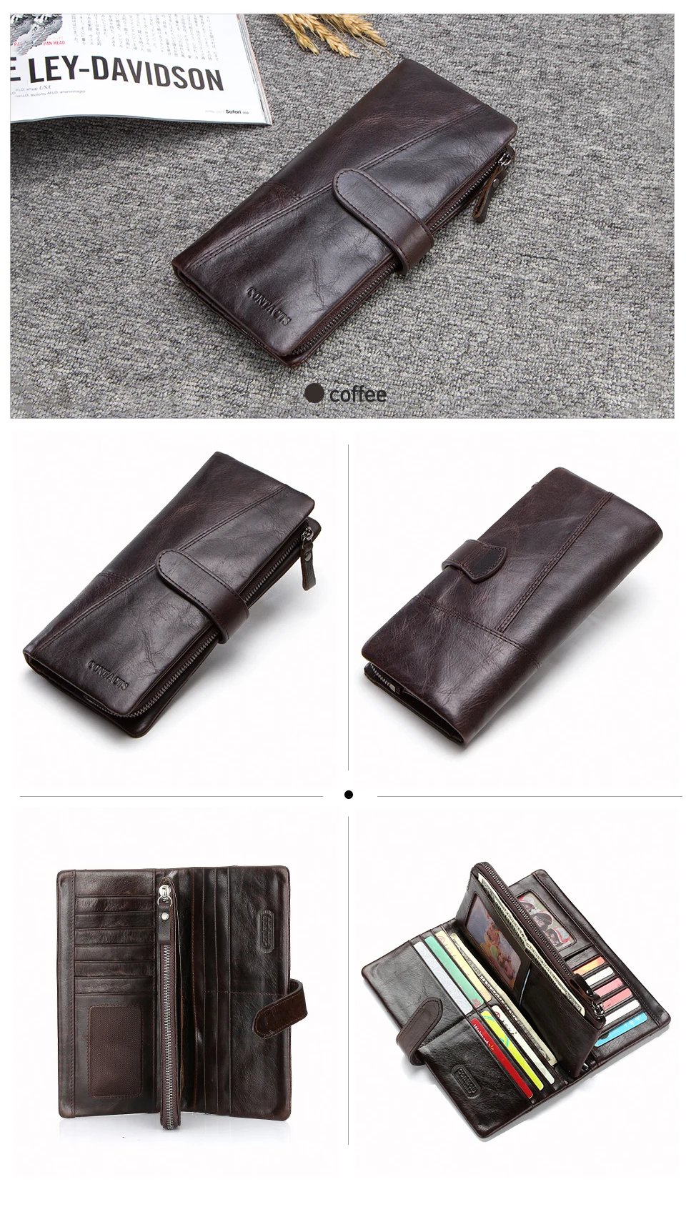 Contact's New Genuine Leather Wallet Fashion Coin Purse For Ladies Women Long Clutch Wallets With Cell Phone Bag Card Holder Men