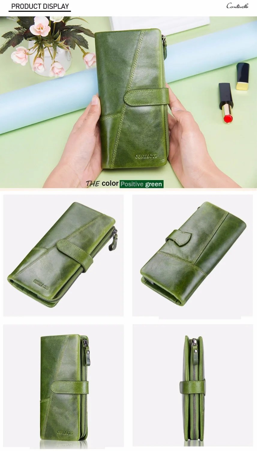 Contact's New Genuine Leather Wallet Fashion Coin Purse For Ladies Women Long Clutch Wallets With Cell Phone Bag Card Holder Men