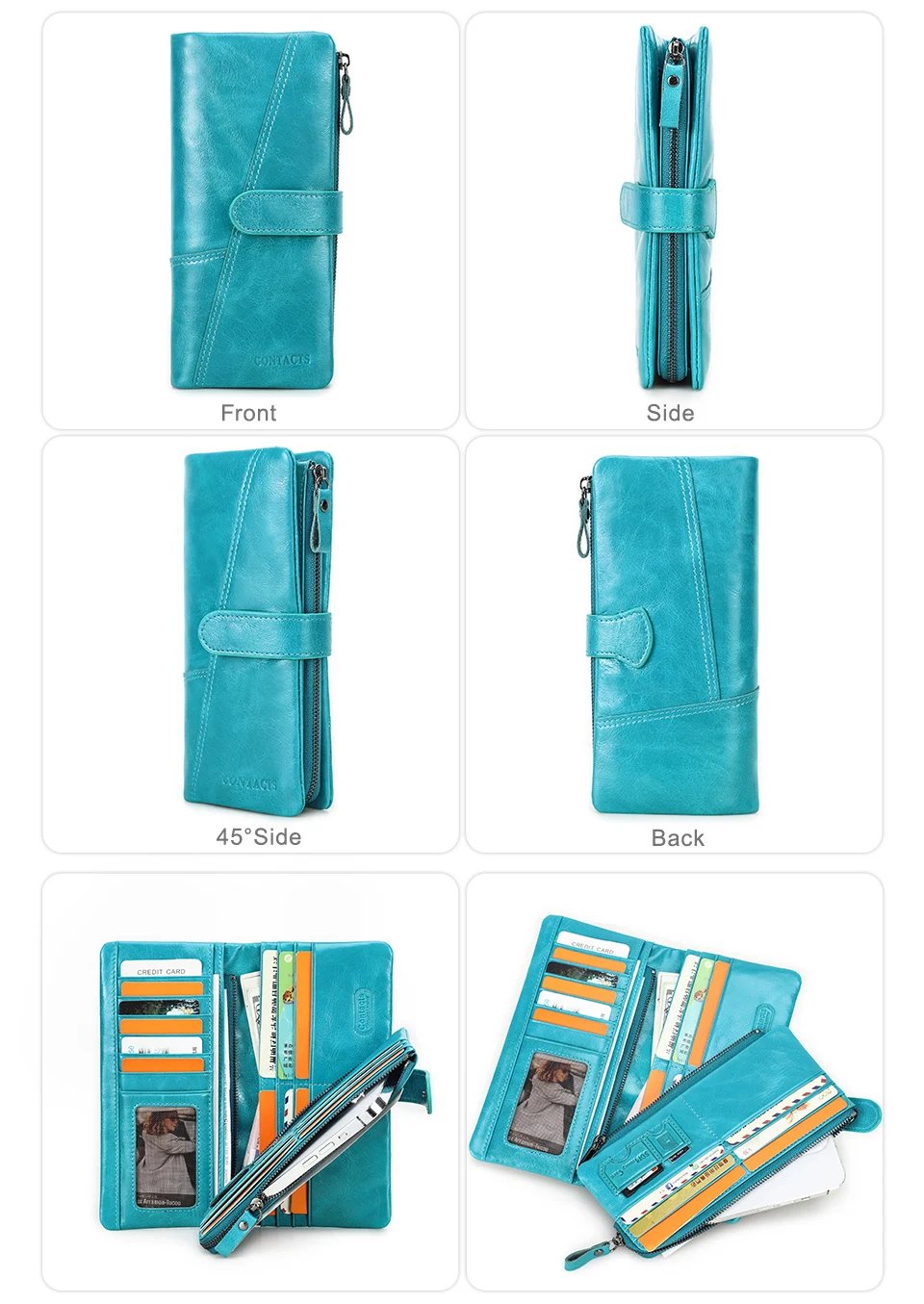 Contact's New Genuine Leather Wallet Fashion Coin Purse For Ladies Women Long Clutch Wallets With Cell Phone Bag Card Holder Men