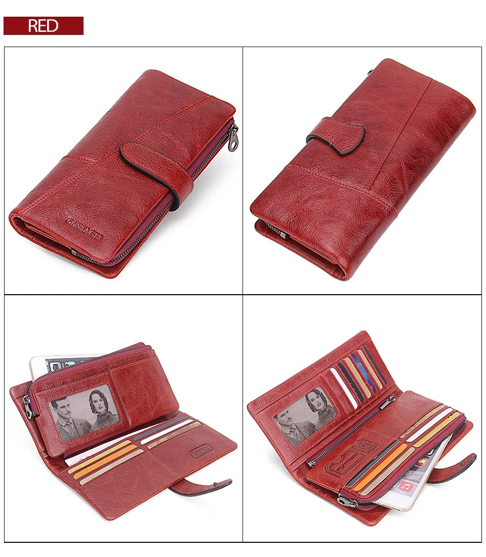 Contact's New Genuine Leather Wallet Fashion Coin Purse For Ladies Women Long Clutch Wallets With Cell Phone Bag Card Holder Men