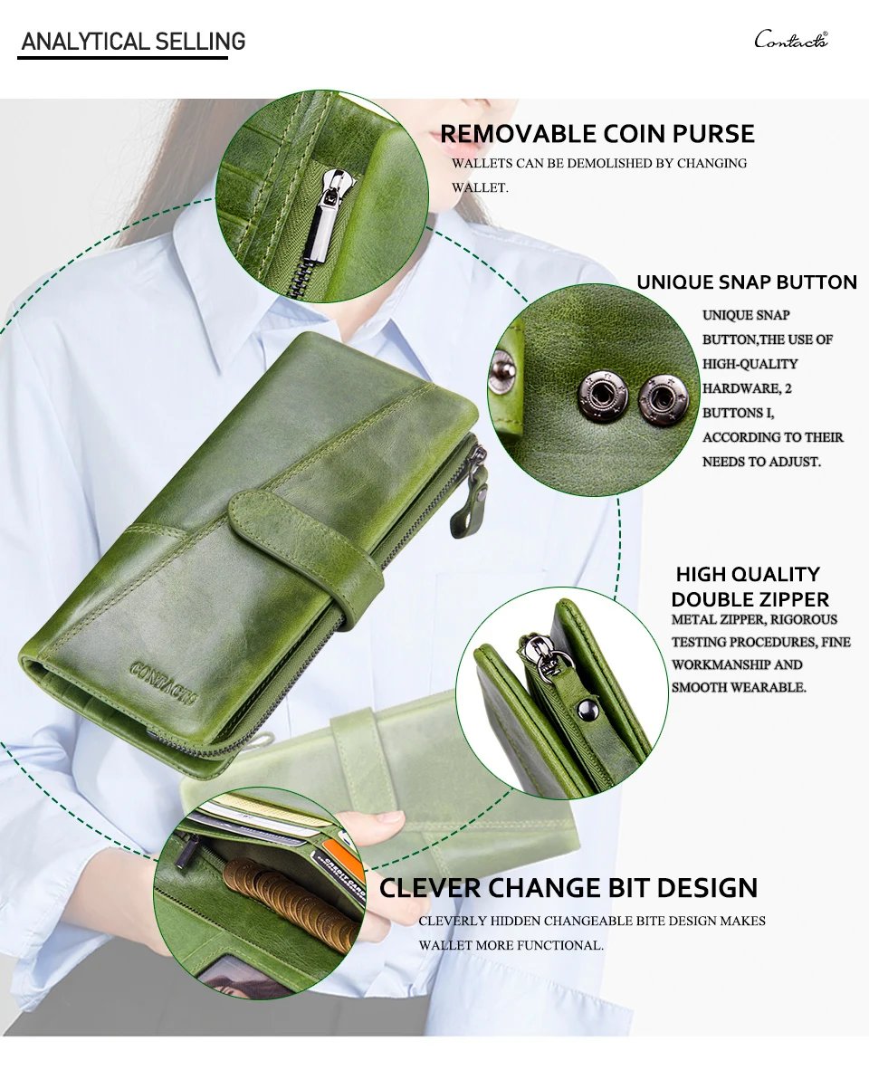 Contact's New Genuine Leather Wallet Fashion Coin Purse For Ladies Women Long Clutch Wallets With Cell Phone Bag Card Holder Men