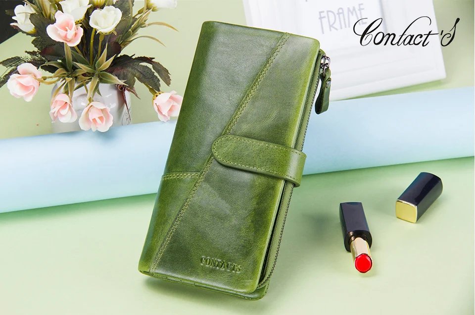 Contact's New Genuine Leather Wallet Fashion Coin Purse For Ladies Women Long Clutch Wallets With Cell Phone Bag Card Holder Men