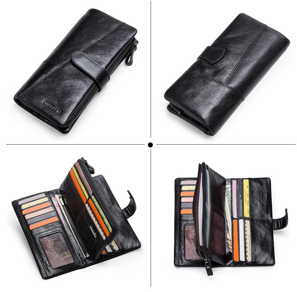 Contact's New Genuine Leather Wallet Fashion Coin Purse For Ladies Women Long Clutch Wallets With Cell Phone Bag Card Holder Men
