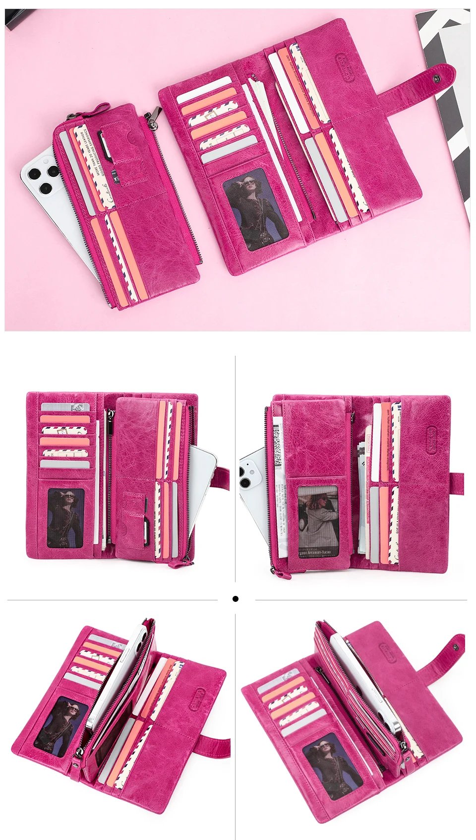 Contact's New Genuine Leather Wallet Fashion Coin Purse For Ladies Women Long Clutch Wallets With Cell Phone Bag Card Holder Men