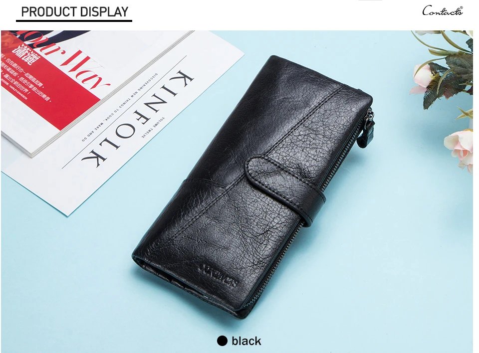 Contact's New Genuine Leather Wallet Fashion Coin Purse For Ladies Women Long Clutch Wallets With Cell Phone Bag Card Holder Men