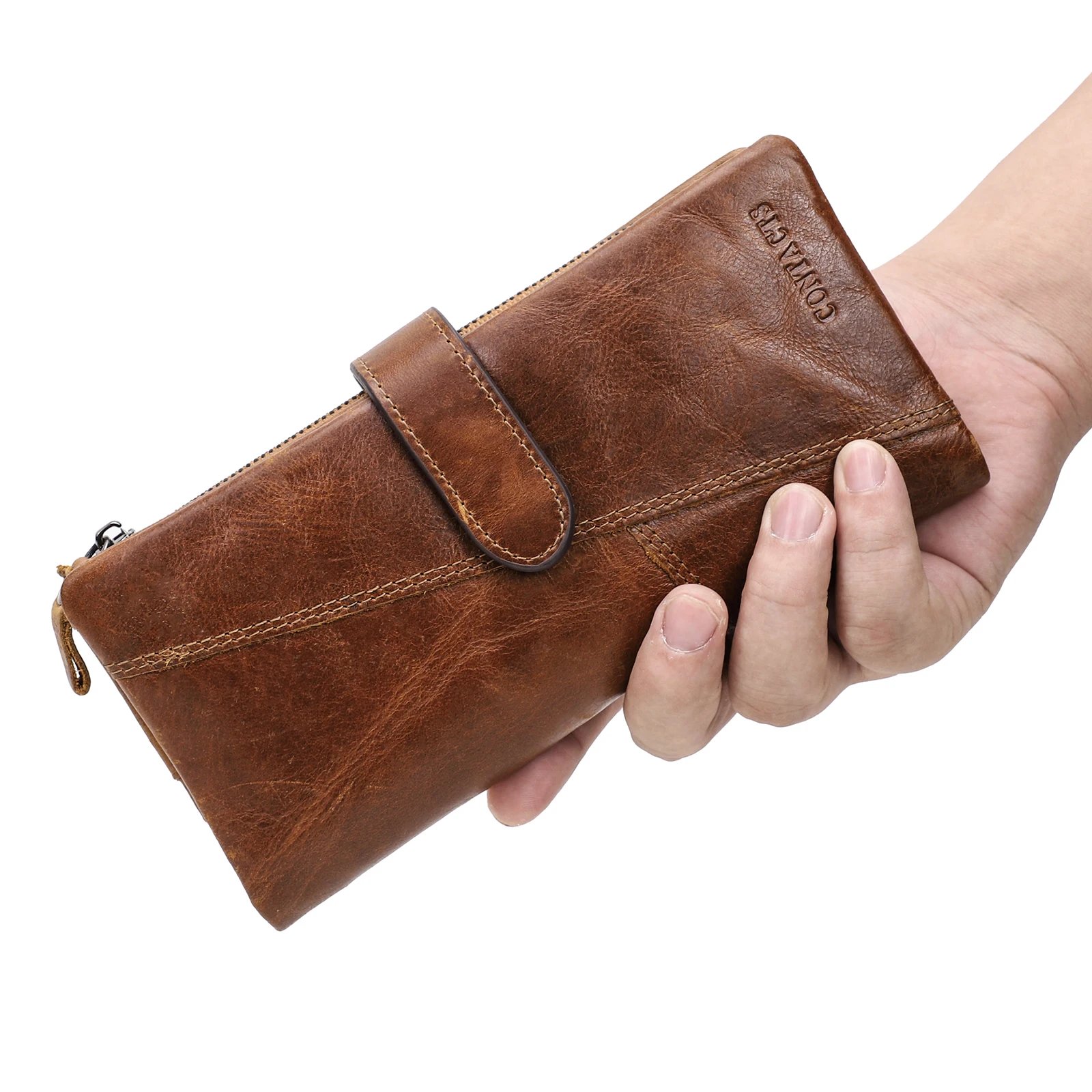 Contact's New Genuine Leather Wallet Fashion Coin Purse For Ladies Women Long Clutch Wallets With Cell Phone Bag Card Holder Men