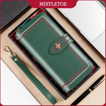 Multi Function Women Wallet Anti RFID Card Holder Large Capacity 6.7inch Phone Long Purse Genuine Leather Clutch Bag Green Color
