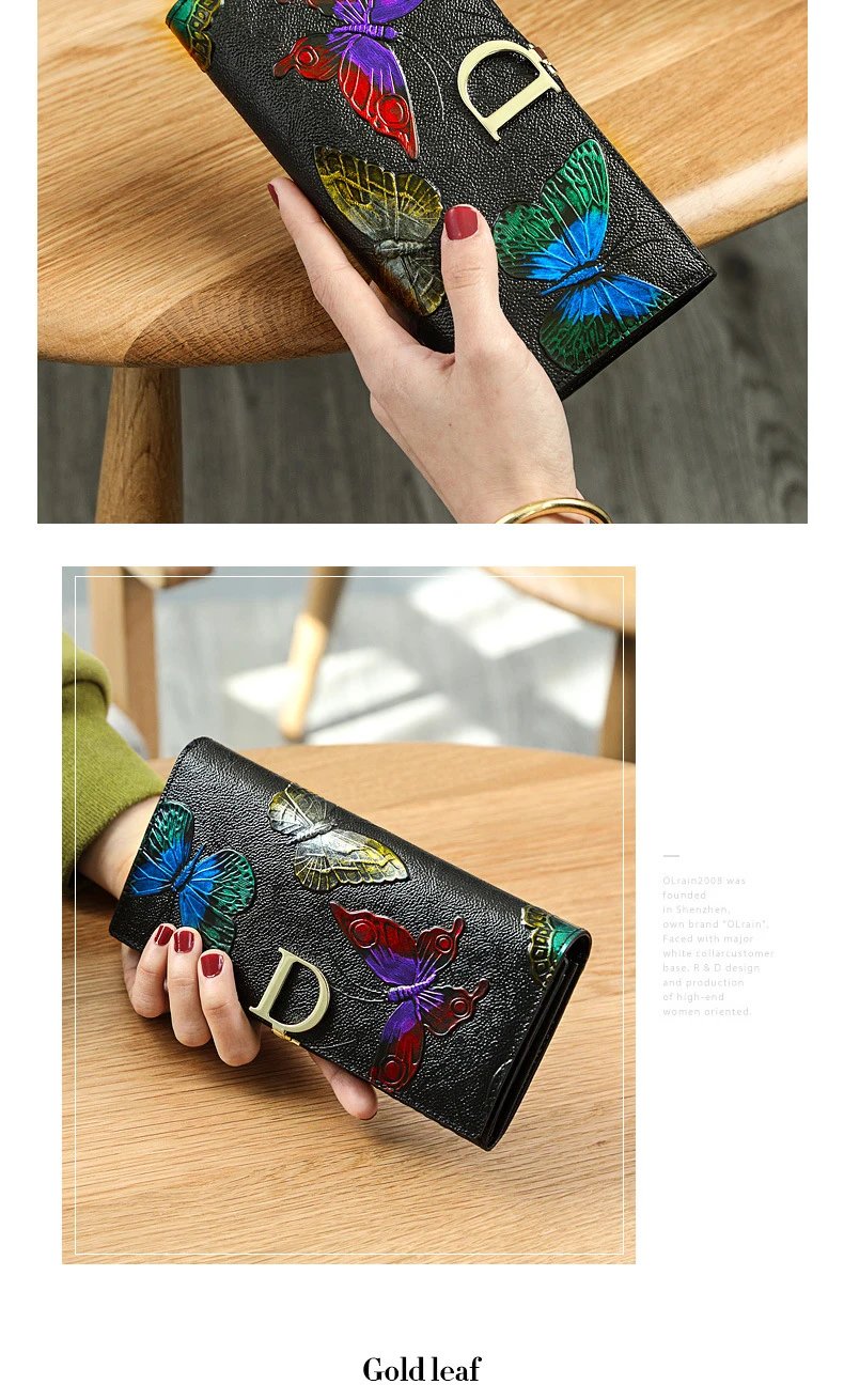 2025 New Genuine Leather Purse Wallet Female 3D Embossing Ladies Personality Retro Long Clutch Wallet Women Purse Coin Holders