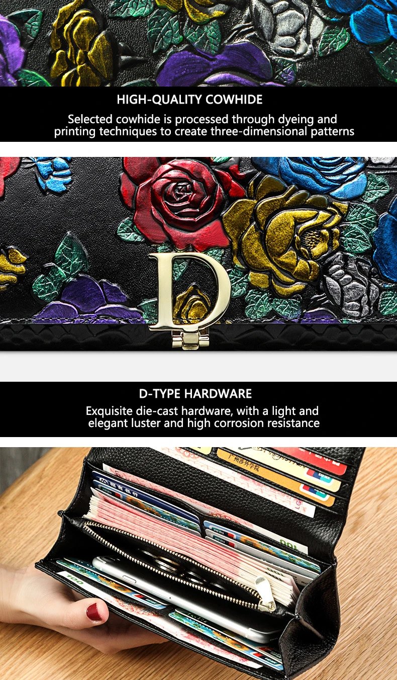 2025 New Genuine Leather Purse Wallet Female 3D Embossing Ladies Personality Retro Long Clutch Wallet Women Purse Coin Holders