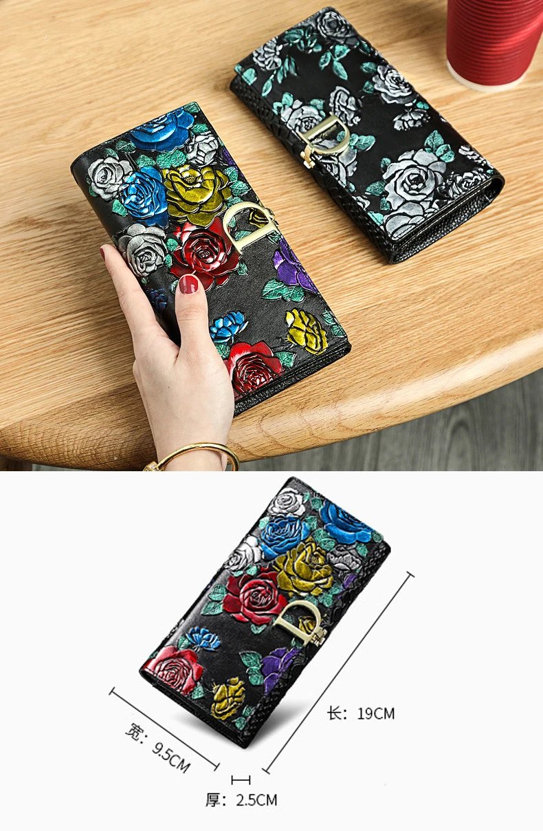 2025 New Genuine Leather Purse Wallet Female 3D Embossing Ladies Personality Retro Long Clutch Wallet Women Purse Coin Holders