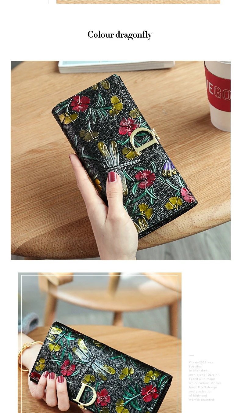 2025 New Genuine Leather Purse Wallet Female 3D Embossing Ladies Personality Retro Long Clutch Wallet Women Purse Coin Holders