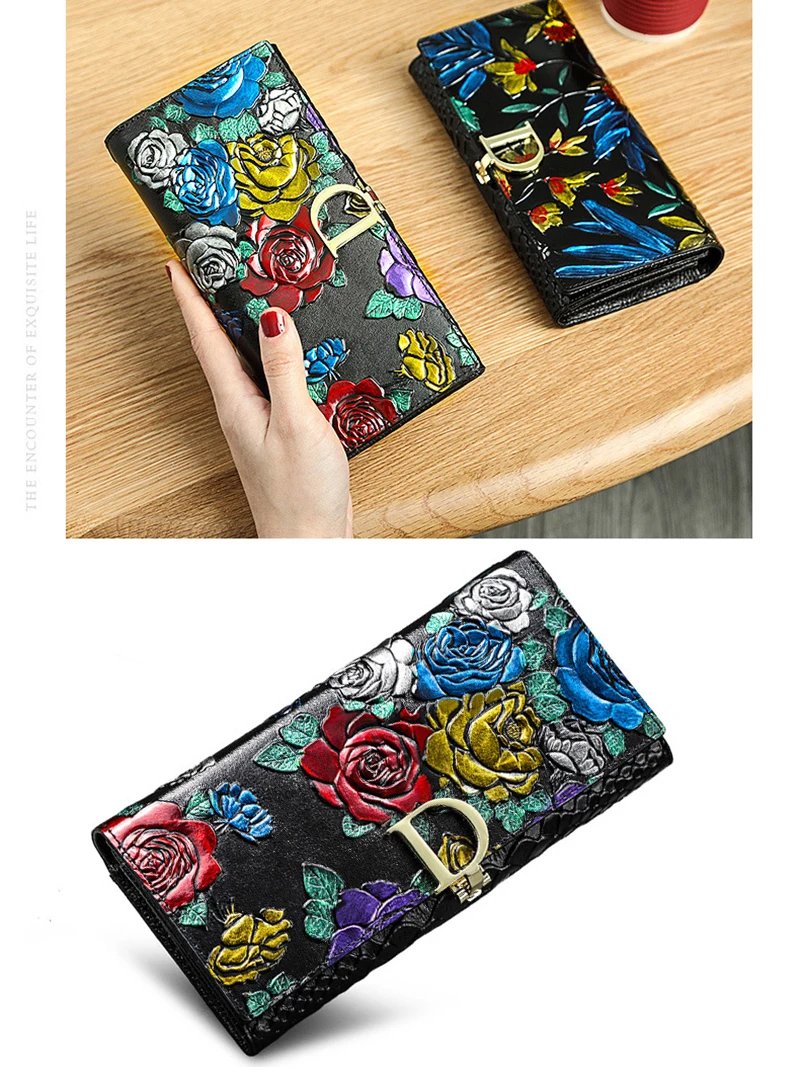 2025 New Genuine Leather Purse Wallet Female 3D Embossing Ladies Personality Retro Long Clutch Wallet Women Purse Coin Holders