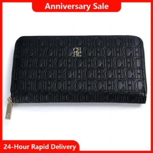 CH Elegant Embossed Zipper Wallet Brand Gold Micro Logo Multi-Card Slots Zipper Compartment Leather Clutch Wallet