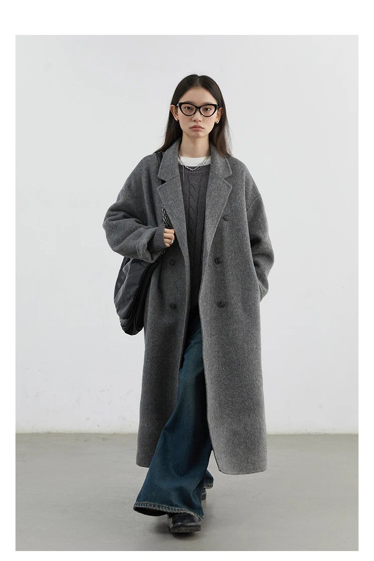 CHIC VEN Women Woolen Coat Double-breasted Basic Loose Casual Retro New Long Double-sided Female Overcoat Autumn Winter 2024