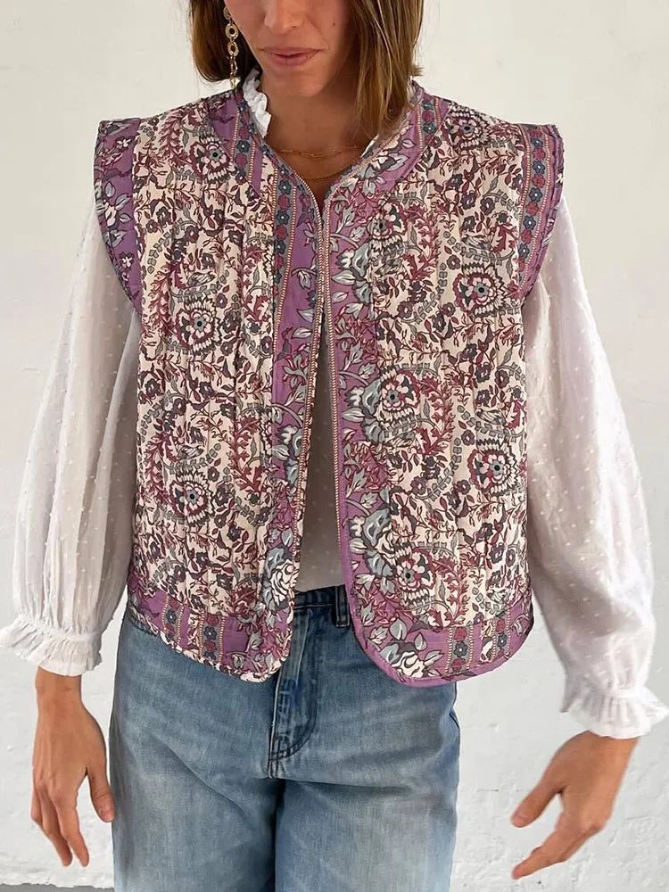 Floral Print Quilted Woman Vest Sleeveless Open Front Loose Female Streetwears retro national style ladies Tops girls Outwear