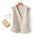 Solid Color Short Vest Women's Spring & Fall Fashion V Neck Diagonal Button Versatile Workplace Elegant Vest Jacket Top