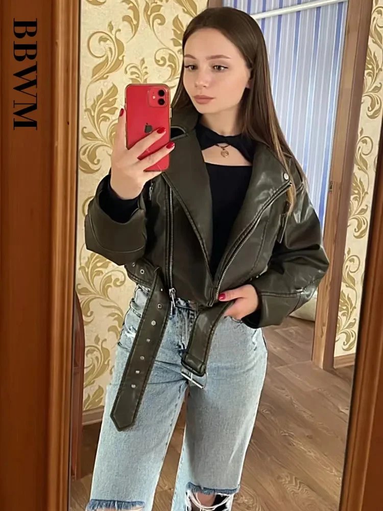 BBWM Women Oversized Vintage Loose Pu Faux Leather Short Jacket with Belt Streetwear Female Zipper Retro Moto Biker Coat Outwear