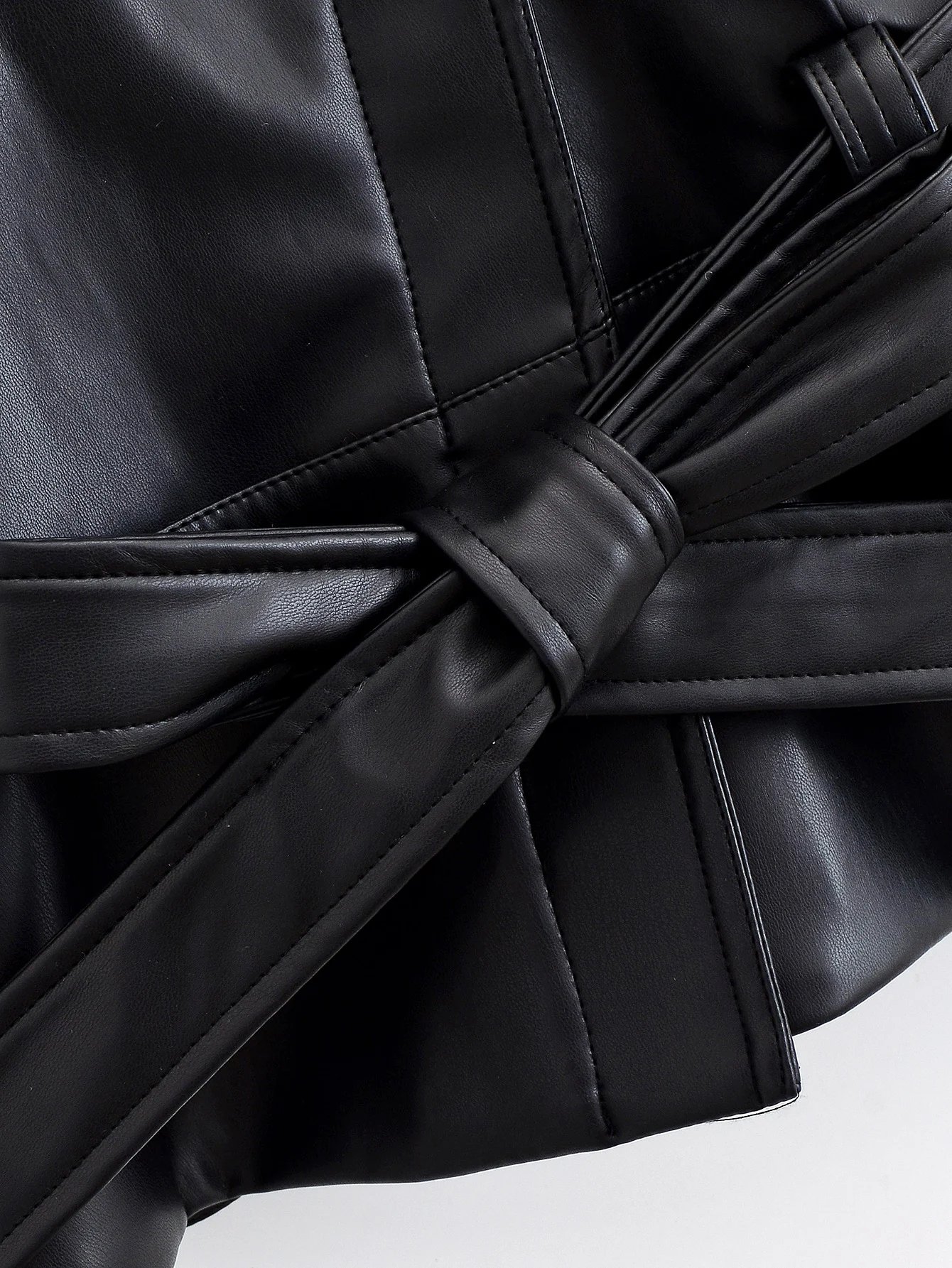 HH Women Fashion Black Short Faux Leather Trench Coat Long Sleeve Lapel Jacket With Belt Vintage Lady Motorcycle Jacket Outwear