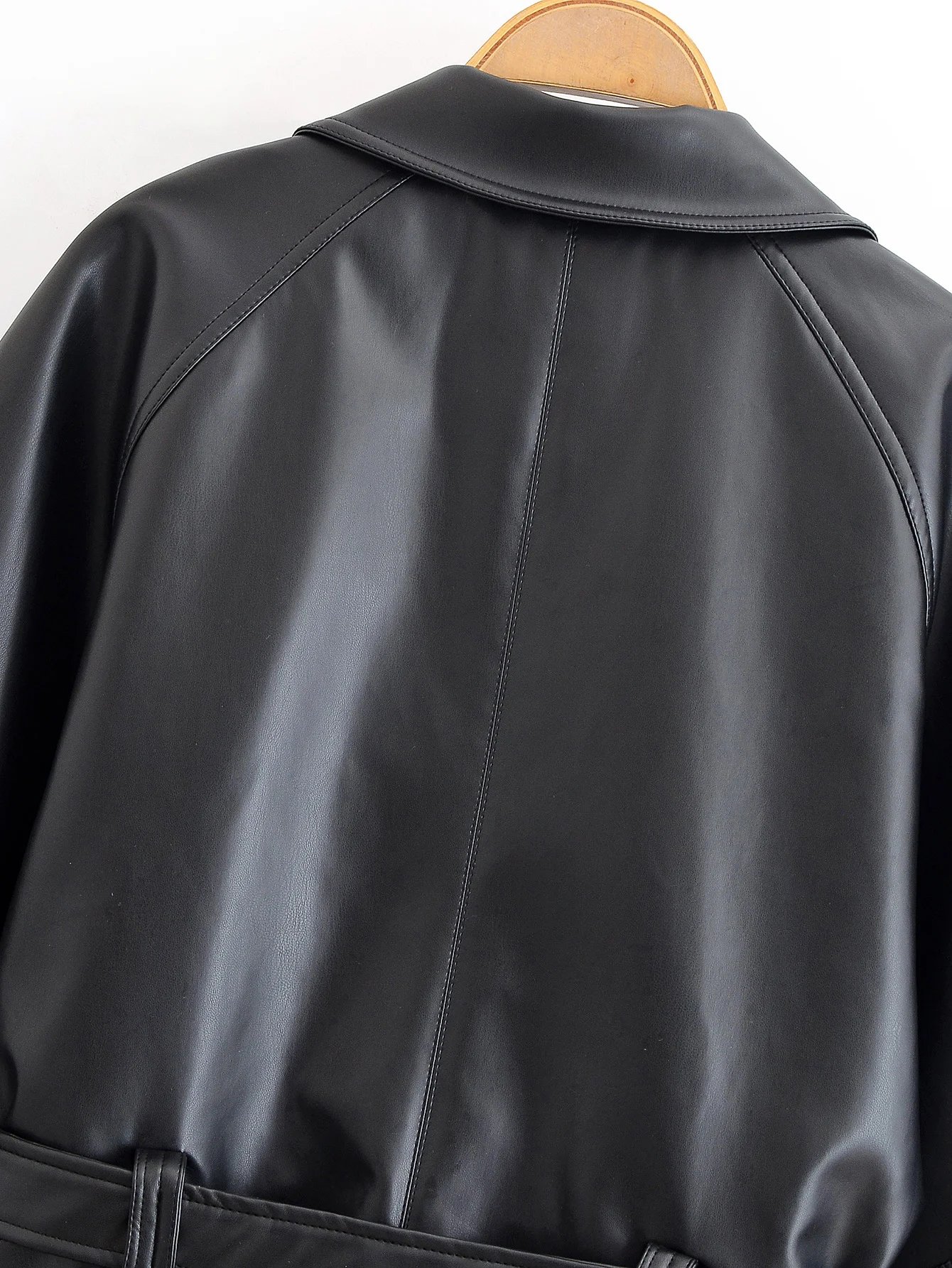 HH Women Fashion Black Short Faux Leather Trench Coat Long Sleeve Lapel Jacket With Belt Vintage Lady Motorcycle Jacket Outwear