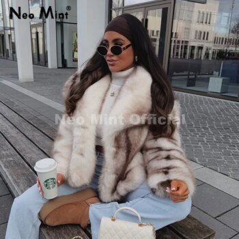 Neo Mint 2025 Winter Exclusive Striped Faux Fur Jacket Women Overcoat Brand Blogger Fashion Fluffy Fox Fur Collar Coat Outerwear