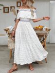 Summer Vacation Textured Fabric Lace Off-the-Shoulder Ruffle Hem Women's Long Dress