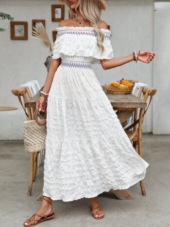 Summer Vacation Textured Fabric Lace Off-the-Shoulder Ruffle Hem Women's Long Dress