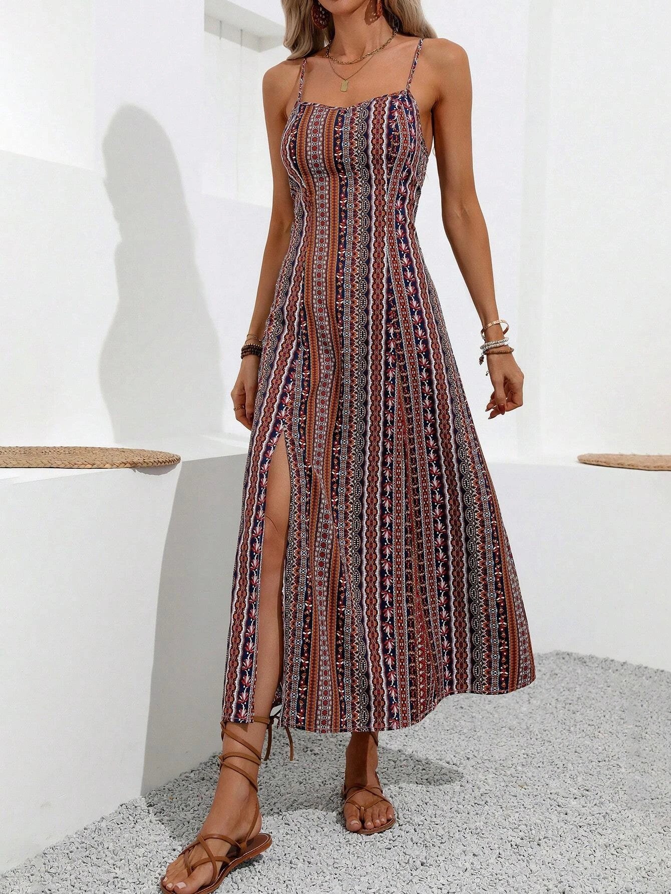 Printed Vacation Slim-Fit Split Cami Dress Super Stylish & Atmospheric Ideal for Daily Shopping Gatherings & Street Looks