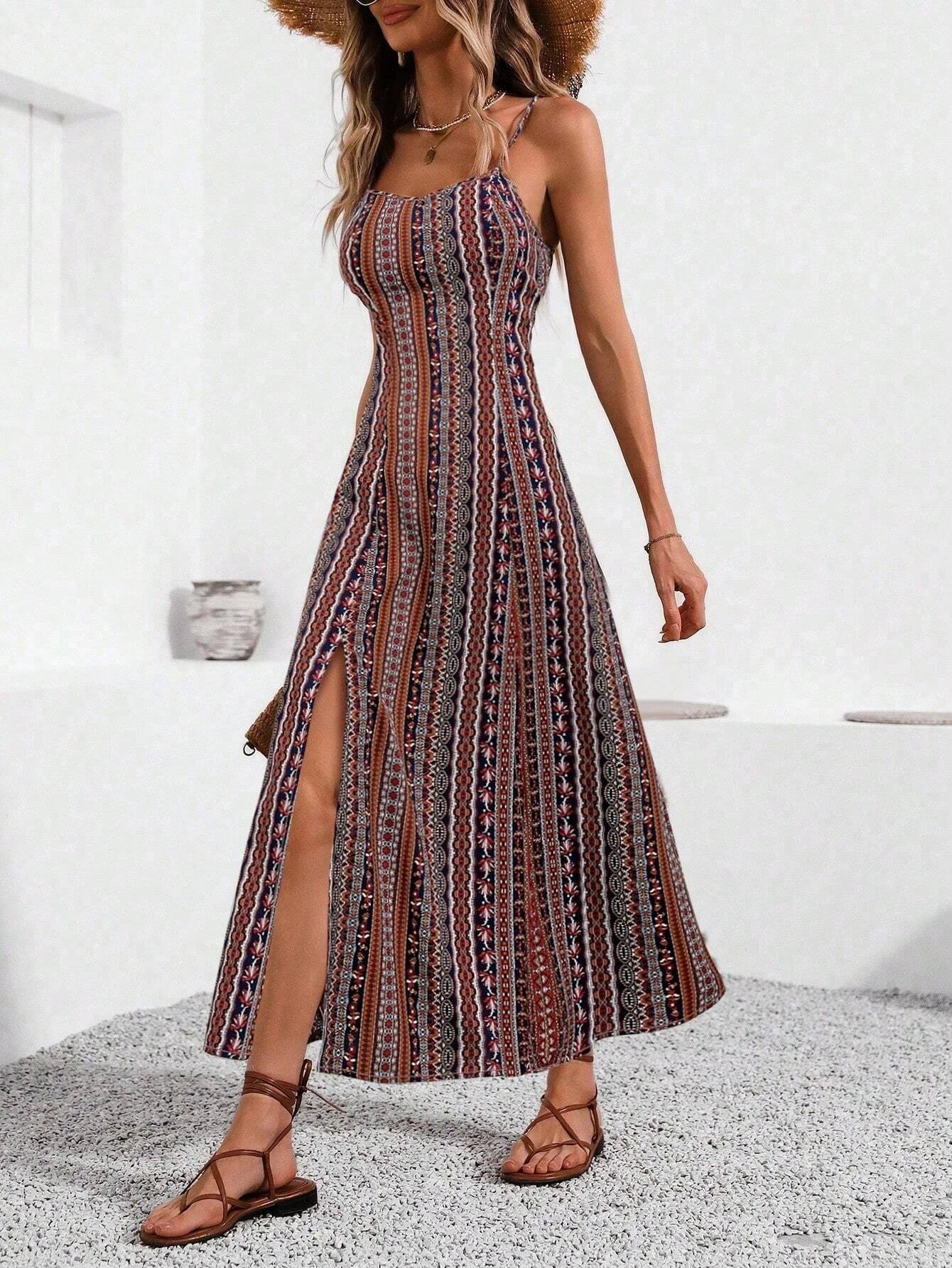 Printed Vacation Slim-Fit Split Cami Dress Super Stylish & Atmospheric Ideal for Daily Shopping Gatherings & Street Looks