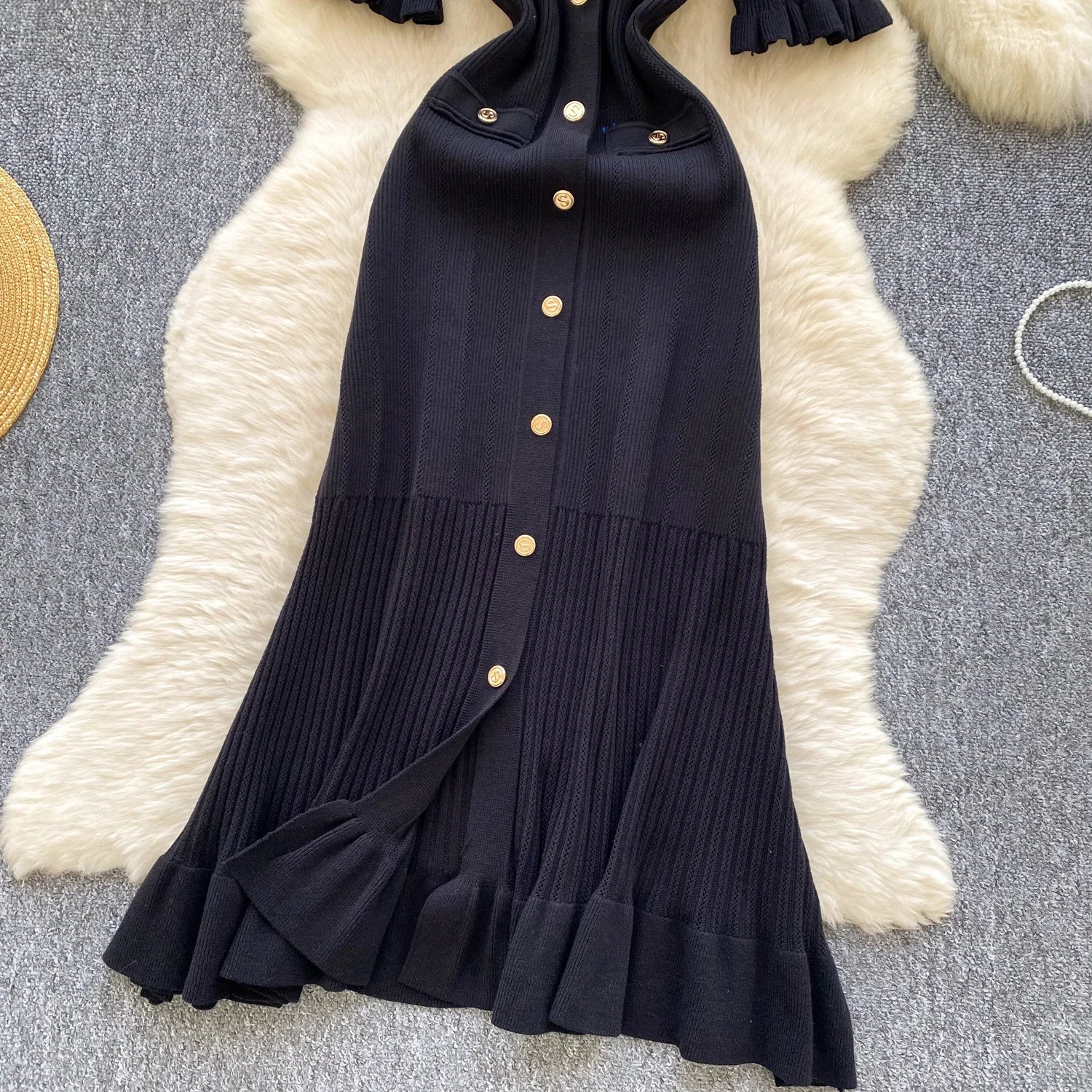 SINGREINY Summer OL Knit Dress 2025 Women V Neck Button Design Slim Mermaid Sundress Fashion Elastic Solid Bohemian Long Dress